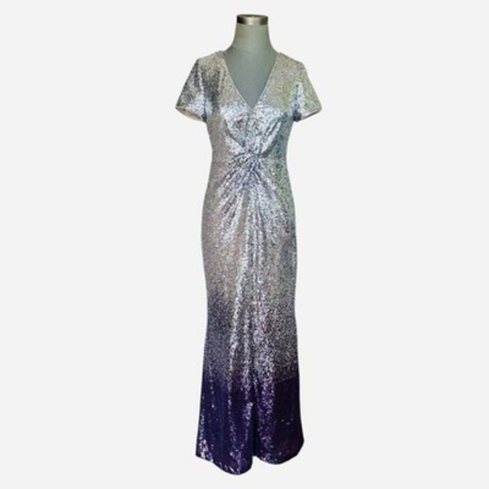 Calvin Klein Sequined Ombre Maxi Dress Silver Purple V-Neck Ball Gown Size 8 - Picture 5 of 11